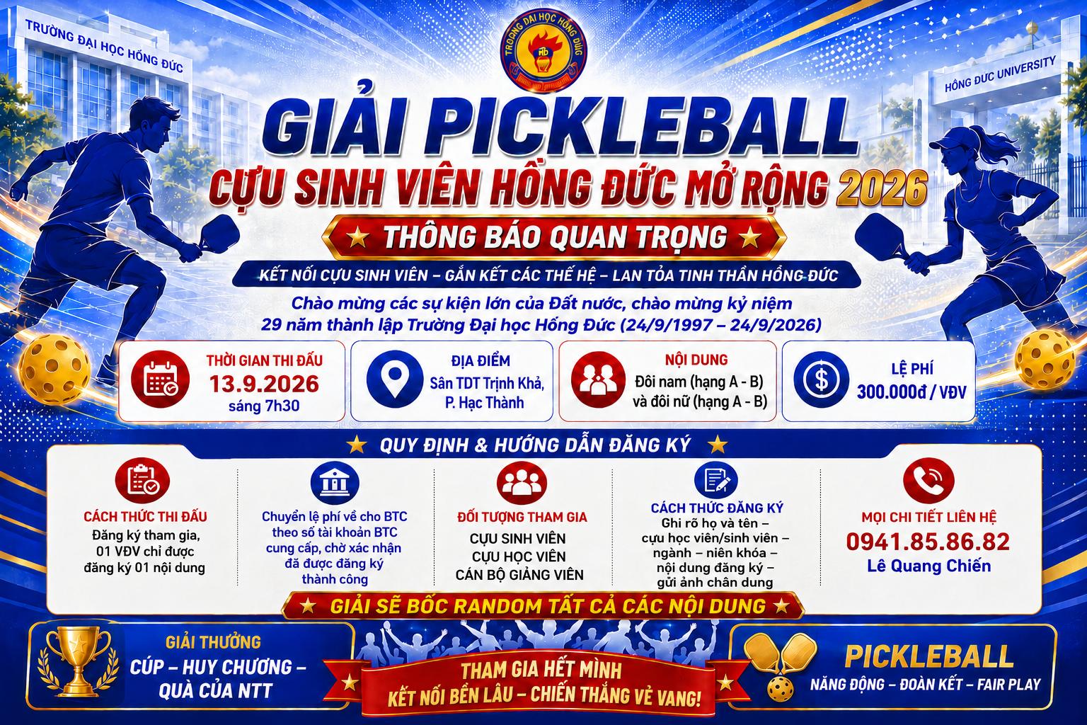 Giải Pickleball Cựu sinh viên Hồng Đức mở rộng 2026